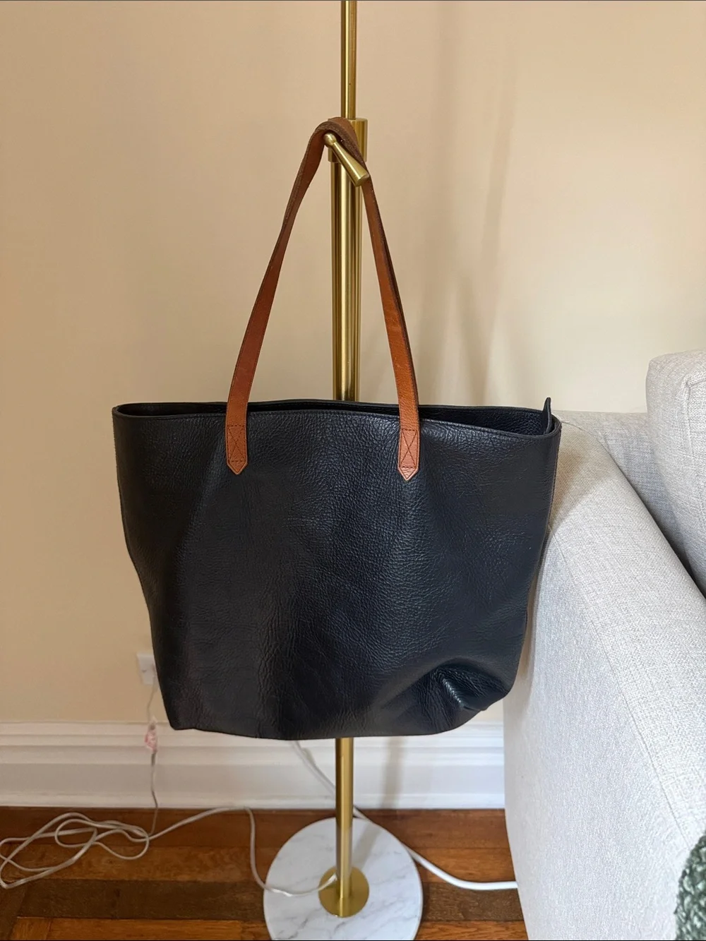 Madewell Classic Black Leather Tote with Brown Handles